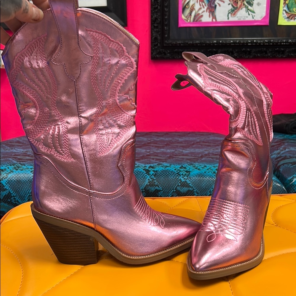 Pink Heeled Boots with Glossy Western Flair